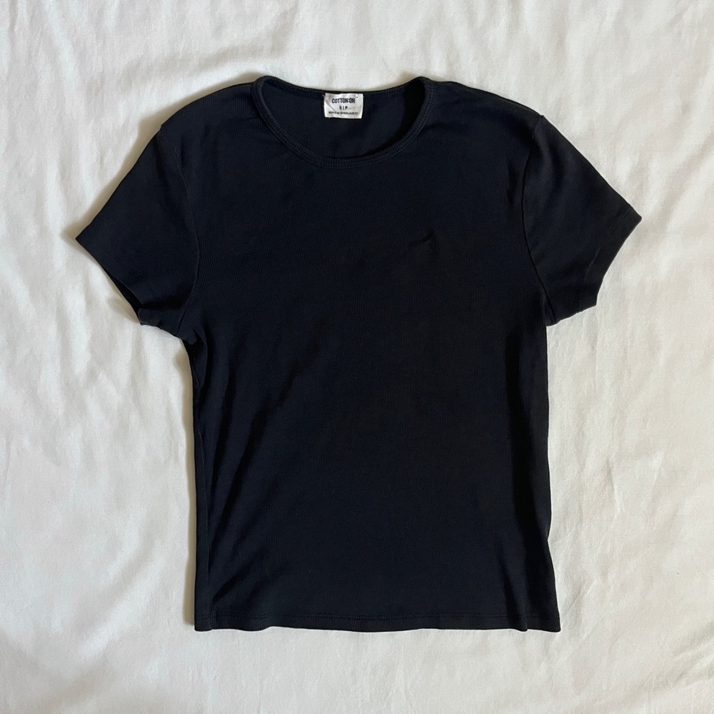 Cotton On Ribbed Short Sleeve Top | Black Basic Tee Size S